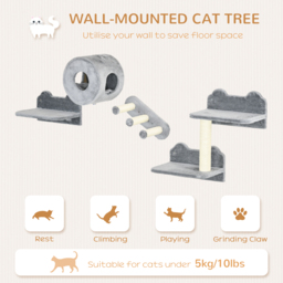 PawHut 4PCs Wall Mounted Cat Tree Cat Wall Furniture with Platforms, Steps, Scratching Post, Perch, Cat Condo for Indoor Cat - Grey - thumbnail 4