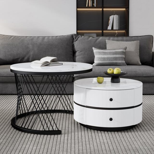 2 Piece Versatile High Gloss Nesting Table coffee with Marble-Effect Top, Modern Coffee Table with 2 Drawers for Living Room, White+Black - Aosom.UK - image 1
