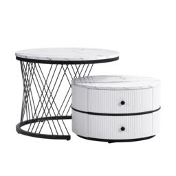 2 Piece Versatile High Gloss Nesting Table coffee with Marble-Effect Top, Modern Coffee Table with 2 Drawers for Living Room, White+Black - Aosom.UK - thumbnail 2