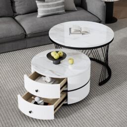 2 Piece Versatile High Gloss Nesting Table coffee with Marble-Effect Top, Modern Coffee Table with 2 Drawers for Living Room, White+Black - Aosom.UK - thumbnail 8