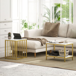 HOMCOM Modern Coffee Table Set of Two, Marble-Effect Nesting Side Tables with Steel Frame, Elegant Living Room Furniture, Gold Tone - Aosom UK - thumbnail 7