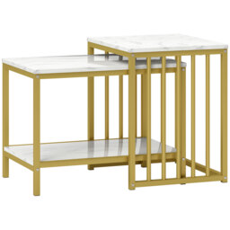 HOMCOM Modern Coffee Table Set of Two, Marble-Effect Nesting Side Tables with Steel Frame, Elegant Living Room Furniture, Gold Tone - Aosom UK