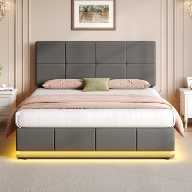 Ottoman Double Bed with PU Leather Finish, Adjustable Headboard, Hydraulic Storage Bed with LED Lighting, 193L x 142W x 111H cm, Grey - Aosom UK - image 1
