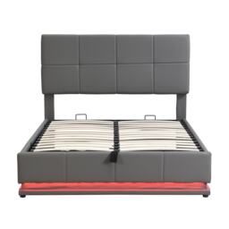 Ottoman Double Bed with PU Leather Finish, Adjustable Headboard, Hydraulic Storage Bed with LED Lighting, 193L x 142W x 111H cm, Grey - Aosom UK - thumbnail 2