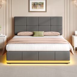Ottoman Double Bed with PU Leather Finish, Adjustable Headboard, Hydraulic Storage Bed with LED Lighting, 193L x 142W x 111H cm, Grey - Aosom UK - thumbnail 1