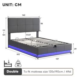 Ottoman Double Bed with PU Leather Finish, Adjustable Headboard, Hydraulic Storage Bed with LED Lighting, 193L x 142W x 111H cm, Grey - Aosom UK - thumbnail 3