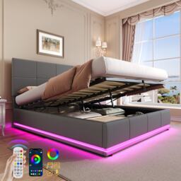 Ottoman Double Bed with PU Leather Finish, Adjustable Headboard, Hydraulic Storage Bed with LED Lighting, 193L x 142W x 111H cm, Grey - Aosom UK - thumbnail 7