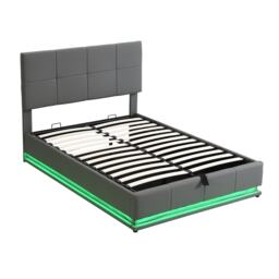 Ottoman Double Bed with PU Leather Finish, Adjustable Headboard, Hydraulic Storage Bed with LED Lighting, 193L x 142W x 111H cm, Grey - Aosom UK - thumbnail 9