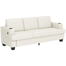 HOMCOM 3 Seater Sofa with USB Ports & Cup Holders - Cream White - thumbnail 1