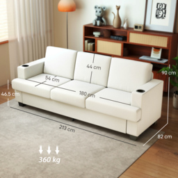 HOMCOM 3 Seater Sofa with USB Ports & Cup Holders - Cream White - thumbnail 3