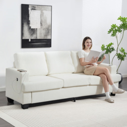 HOMCOM 3 Seater Sofa with USB Ports & Cup Holders - Cream White - thumbnail 2