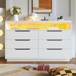 Marbled Sideboard with 6 Storage Drawers, RGB LED Lighting, Modern Storage Cabinet for Bedroom, Living Room, 120L x 40W x 85H cm, White - Aosom.UK - thumbnail 7