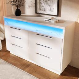 Marbled Sideboard with 6 Storage Drawers, RGB LED Lighting, Modern Storage Cabinet for Bedroom, Living Room, 120L x 40W x 85H cm, White - Aosom.UK - thumbnail 8