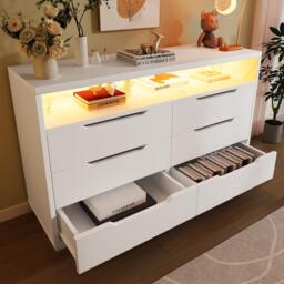 Marbled Sideboard with 6 Storage Drawers, RGB LED Lighting, Modern Storage Cabinet for Bedroom, Living Room, 120L x 40W x 85H cm, White - Aosom.UK