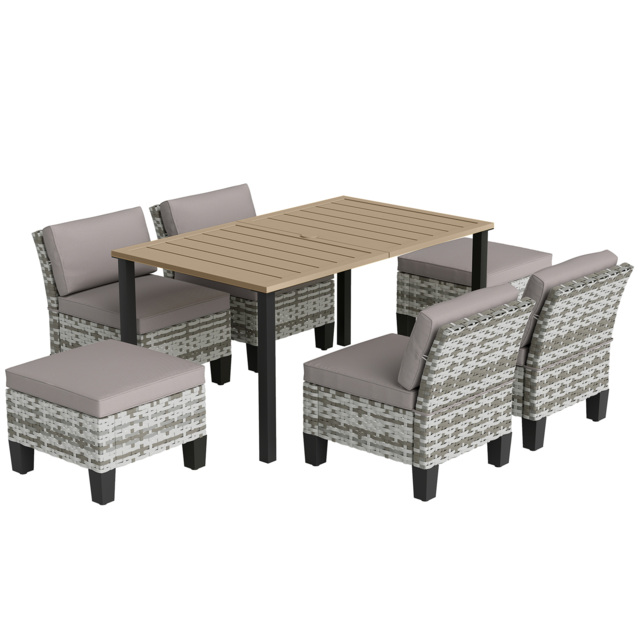Outsunny 7-Piece Rattan Garden Dining Set, 6 Seater Wicker Garden Furniture Set with Seat and Back Cushions, Umbrella Hole, Patio Table and Chairs with Slatted Metal Top Table for Balcony, Grey - image 1
