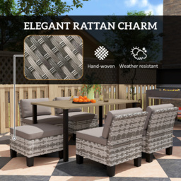 Outsunny 7-Piece Rattan Garden Dining Set, 6 Seater Wicker Garden Furniture Set with Seat and Back Cushions, Umbrella Hole, Patio Table and Chairs with Slatted Metal Top Table for Balcony, Grey - thumbnail 6