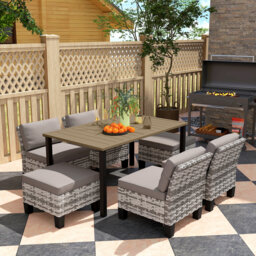 Outsunny 7-Piece Rattan Garden Dining Set, 6 Seater Wicker Garden Furniture Set with Seat and Back Cushions, Umbrella Hole, Patio Table and Chairs with Slatted Metal Top Table for Balcony, Grey - thumbnail 2