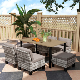 Outsunny 7-Piece Rattan Garden Dining Set, 6 Seater Wicker Garden Furniture Set with Seat and Back Cushions, Umbrella Hole, Patio Table and Chairs with Slatted Metal Top Table for Balcony, Grey - thumbnail 9