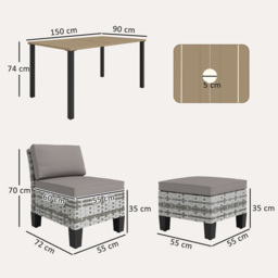Outsunny 7-Piece Rattan Garden Dining Set, 6 Seater Wicker Garden Furniture Set with Seat and Back Cushions, Umbrella Hole, Patio Table and Chairs with Slatted Metal Top Table for Balcony, Grey - thumbnail 3