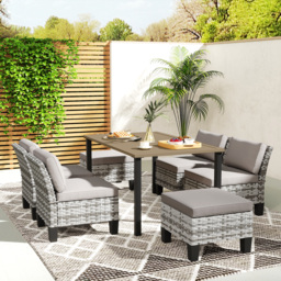 Outsunny 7-Piece Rattan Garden Dining Set, 6 Seater Wicker Garden Furniture Set with Seat and Back Cushions, Umbrella Hole, Patio Table and Chairs with Slatted Metal Top Table for Balcony, Grey - thumbnail 8