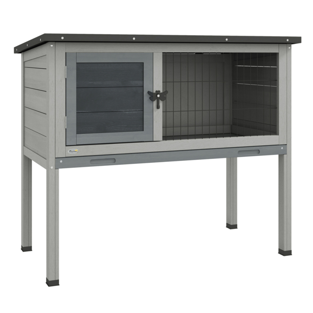 Pawhut Wooden Rabbit Hutch Guinea Pig Hutch Bunny Cage Garden Built in Tray Openable Asphalt Roof Small Animal House 84 x 43 x 70 cm Grey - image 1