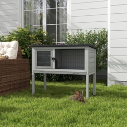 Pawhut Wooden Rabbit Hutch Guinea Pig Hutch Bunny Cage Garden Built in Tray Openable Asphalt Roof Small Animal House 84 x 43 x 70 cm Grey - thumbnail 2