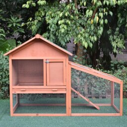 PawHut Small Animal Two-Level Fir Wood Hutch w/ Slide Out Tray Red/Brown - thumbnail 2
