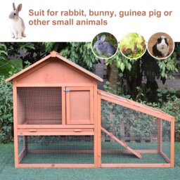 PawHut Small Animal Two-Level Fir Wood Hutch w/ Slide Out Tray Red/Brown - thumbnail 4