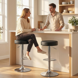 HOMCOM Bar Stools Set of 2, Modern PU Leather Swivel Barstools, Height Adjustable Breakfast Bar Chairs with Footrest, Black - thumbnail 2