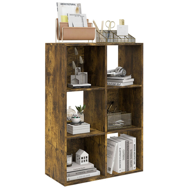 HOMCOM 3-tier 6 Cubes Storage Unit Particle Board Cabinet Bookcase Organiser Home Office Shelves Rustic Brown - Aosom UK - image 1