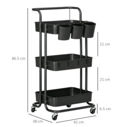 HOMCOM 3 Tier Utility Rolling Cart, Kitchen Cart with 3 Removable Mesh Baskets, 3 Hanging Box, 4 Hooks & Dividers for Living Room, Black - Aosom UK - thumbnail 3