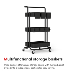 HOMCOM 3 Tier Utility Rolling Cart, Kitchen Cart with 3 Removable Mesh Baskets, 3 Hanging Box, 4 Hooks & Dividers for Living Room, Black - Aosom UK - thumbnail 4