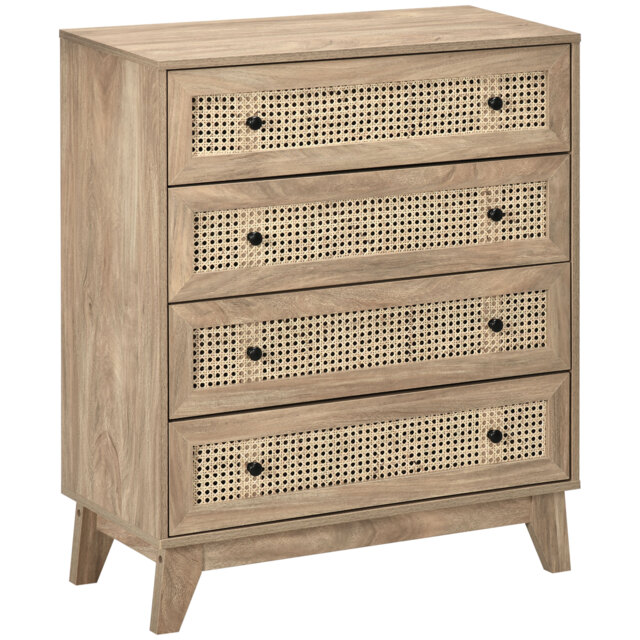 HOMCOM Storage Cabinet, 4-Drawer Unit with Rattan Element for Bedroom, Living Room, 80cm x 35 cmx 95 cm, Wood Effect - Aosom UK - image 1