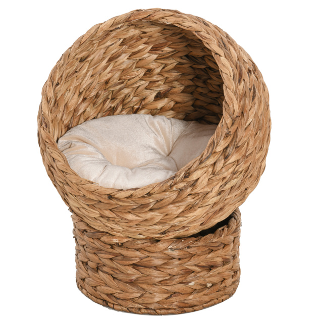 PawHut Cat Braided Banana Leaf House Enclosure, Designed for Indoors and Includes Super Soft Cotton Bed, 60cm, Beige - image 1