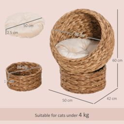 PawHut Cat Braided Banana Leaf House Enclosure, Designed for Indoors and Includes Super Soft Cotton Bed, 60cm, Beige - thumbnail 3