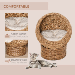 PawHut Cat Braided Banana Leaf House Enclosure, Designed for Indoors and Includes Super Soft Cotton Bed, 60cm, Beige - thumbnail 4