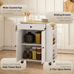 HOMCOM Rolling Kitchen Island with 3-Tier Spice Rack, Kitchen Storage Cart with Drawer and Towel Rack, White - thumbnail 4