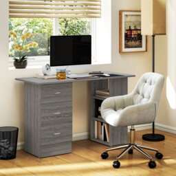 HOMCOM Computer Desk, Writing Table, PC Workstation with 3 Storage Shelves and Drawers, Silver Handle, for Home Office, Grey - thumbnail 2