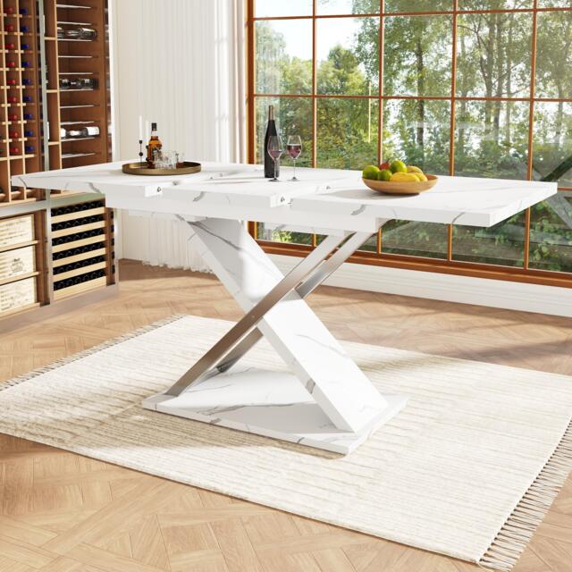Extendable Dining Table with Locking Silent Metal Guide Rails, Space-Saving Table for 6 to 8 People, 118-157L x 75W x 76.5H cm, White - Aosom UK - image 1