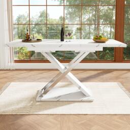 Extendable Dining Table with Locking Silent Metal Guide Rails, Space-Saving Table for 6 to 8 People, 118-157L x 75W x 76.5H cm, White - Aosom UK - thumbnail 7
