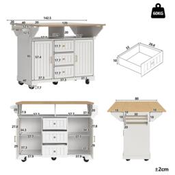Extendable Kitchen Island with 3 Drawers, 2 Doors & Adjustable Shelves, Versatile Trolley for Dining, 120L x 40-80W x 95H cm, White - Aosom UK - thumbnail 3