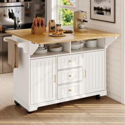 Extendable Kitchen Island with 3 Drawers, 2 Doors & Adjustable Shelves, Versatile Trolley for Dining, 120L x 40-80W x 95H cm, White - Aosom UK - thumbnail 1