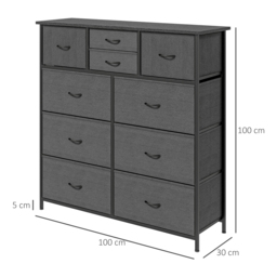 HOMCOM Bedroom Dresser: 10 Fabric Drawers, Steel Frame, Spacious Storage Solution, Ebony Shade - thumbnail 3