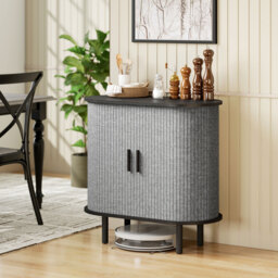 HOMCOM Tambour Sideboard with Fluted Sliding Doors, Modern Kitchen Cupboard with Storage Shelves and Wooden Legs, Grey - thumbnail 2