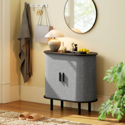 HOMCOM Tambour Sideboard with Fluted Sliding Doors, Modern Kitchen Cupboard with Storage Shelves and Wooden Legs, Grey - thumbnail 9