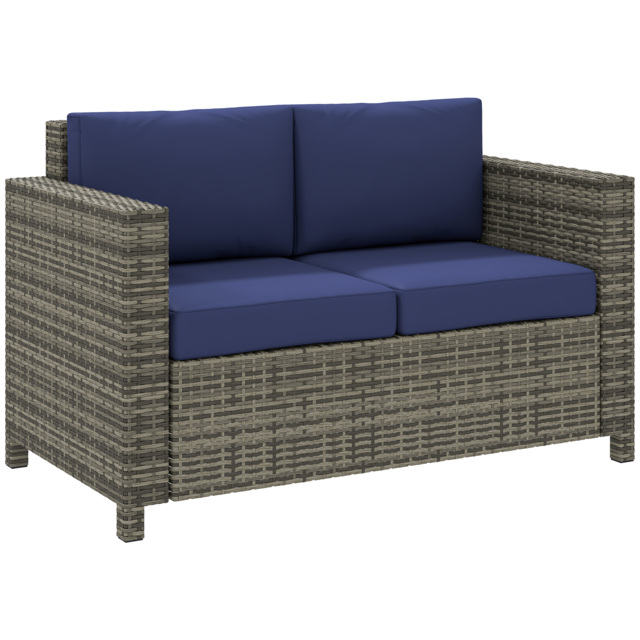 Outsunny 2 Seater Garden Furniture, Rattan Sofa with Soft Padded Cushion and Armrests, Wicker Garden Loveseat for Patio, Navy Blue - image 1