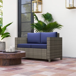 Outsunny 2 Seater Garden Furniture, Rattan Sofa with Soft Padded Cushion and Armrests, Wicker Garden Loveseat for Patio, Navy Blue - thumbnail 2