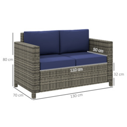 Outsunny 2 Seater Garden Furniture, Rattan Sofa with Soft Padded Cushion and Armrests, Wicker Garden Loveseat for Patio, Navy Blue - thumbnail 3