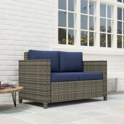 Outsunny 2 Seater Garden Furniture, Rattan Sofa with Soft Padded Cushion and Armrests, Wicker Garden Loveseat for Patio, Navy Blue - thumbnail 9