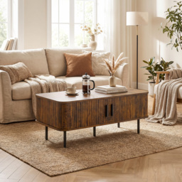 HOMCOM Coffee Table with Storage, Living Room Table with Slatted Tambour Sliding Doors and Foot Pads, Rectangular Coffee Table with Elevated Base for Living Room, Rustic Brown - thumbnail 2